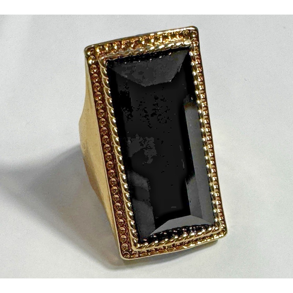 Gold‎ Tone Chunky Statement Ring Black Emerald Cut Size 5.75 Rectangular Bold